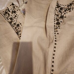Diane Gilman High Rise Jeans in Cream with Studded Bronze Detailing